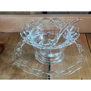 Vintage Imperial Glass Crochet/Lace Condiment 3 Piece Set. Mayo.Plate Bowl Spoon